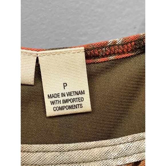 DKNY Jeans Petite Top Womens Small Y2K Brown Tan Peach‎ Ruffle Animal Print - Picture 5 of 9